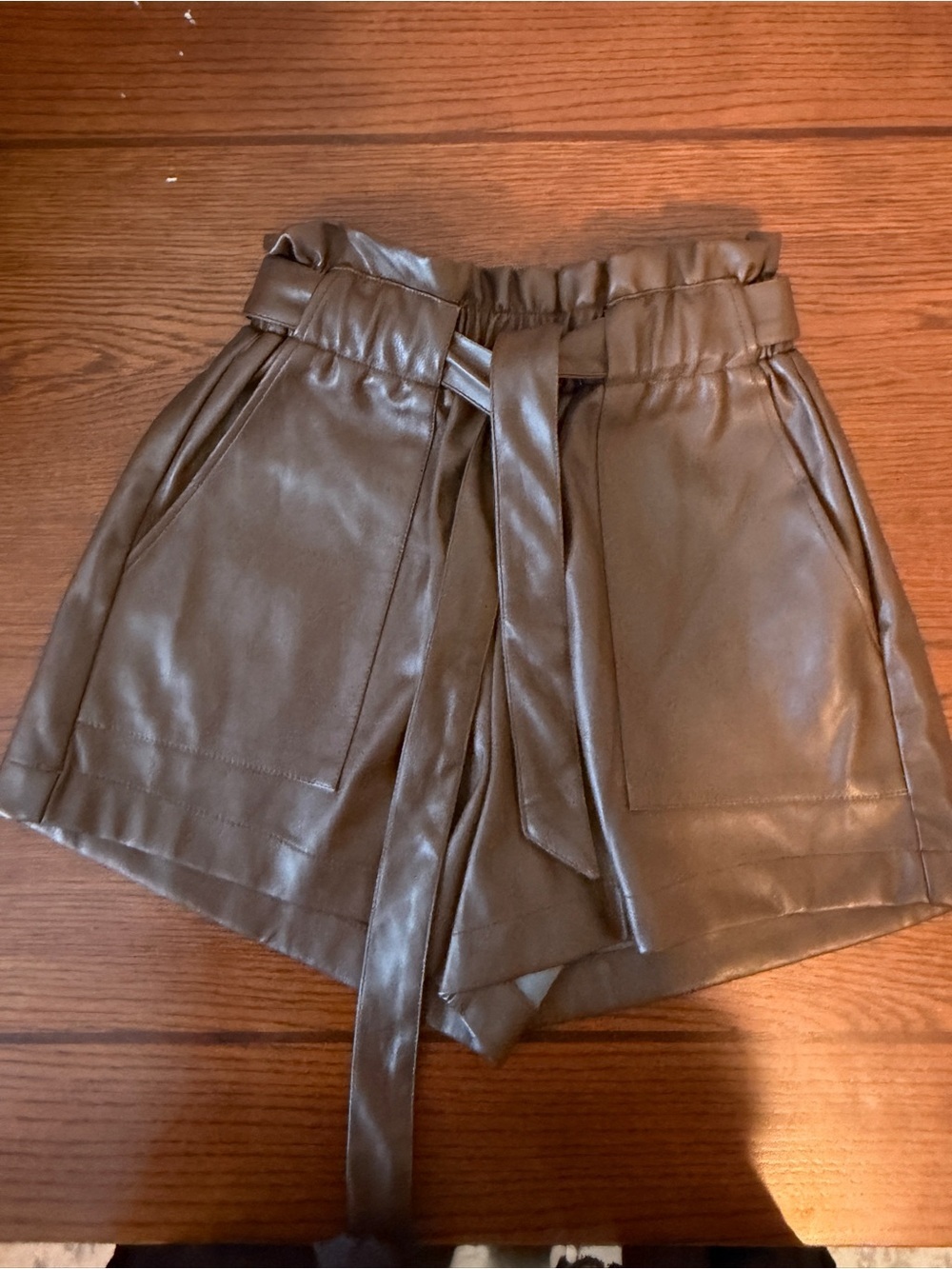 High-Waist Faux Leather Paperbag Shorts with Tie Belt in Brown